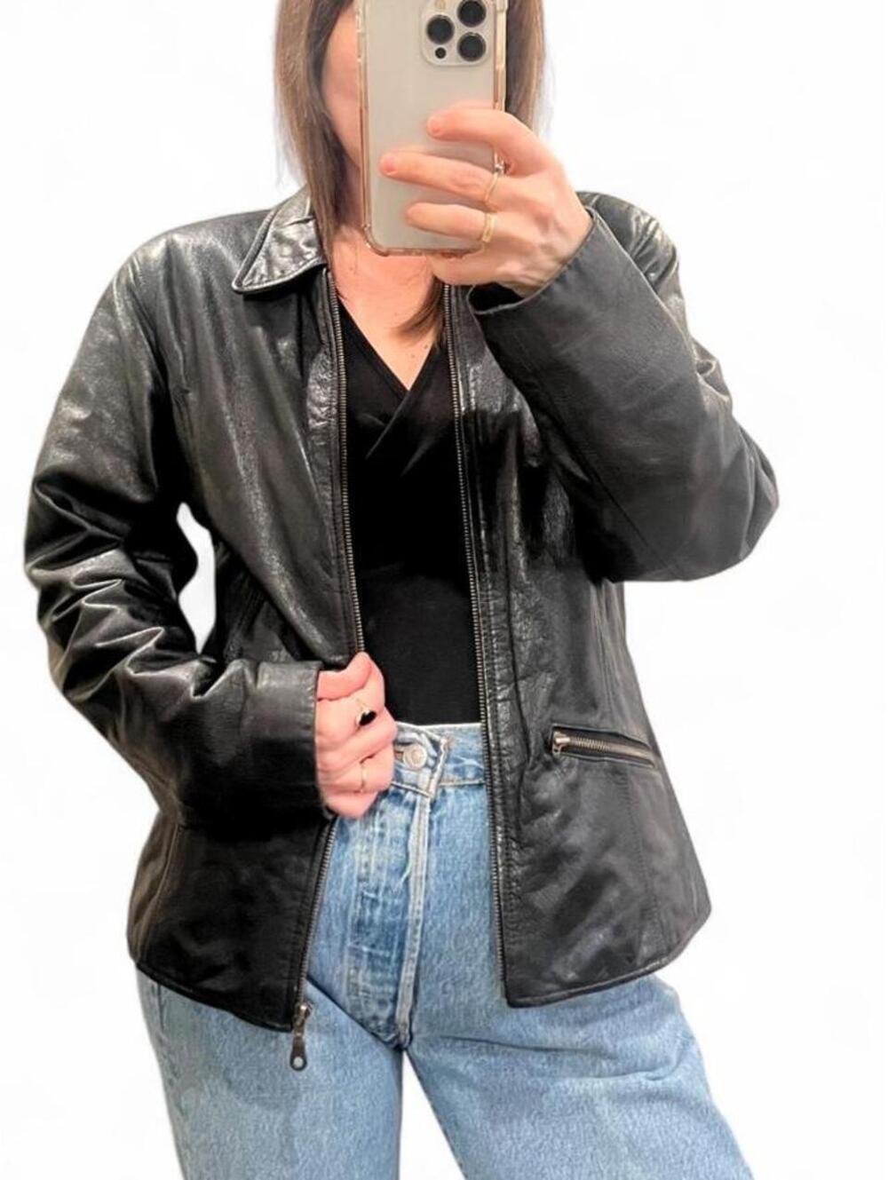 Vintage Y2K Genuine Leather Zip Jacket Black Fitted Moto Minimalist